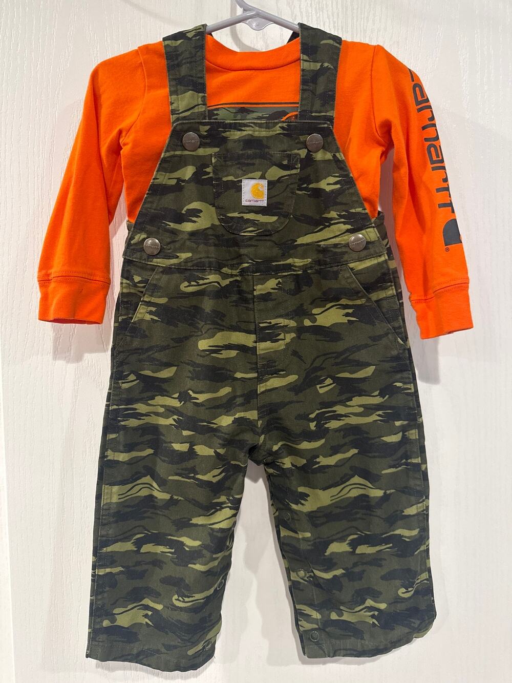 Carhartt Baby Boy 12M Camo Bib Overalls Orange Long Sleeve Shirt Outfit